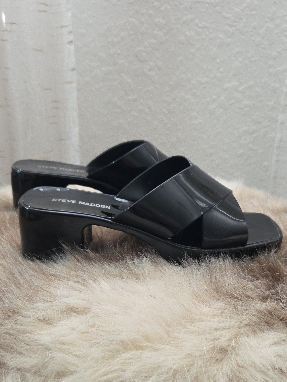 Steve Madden Black Patent Slide Mules with Block Heel